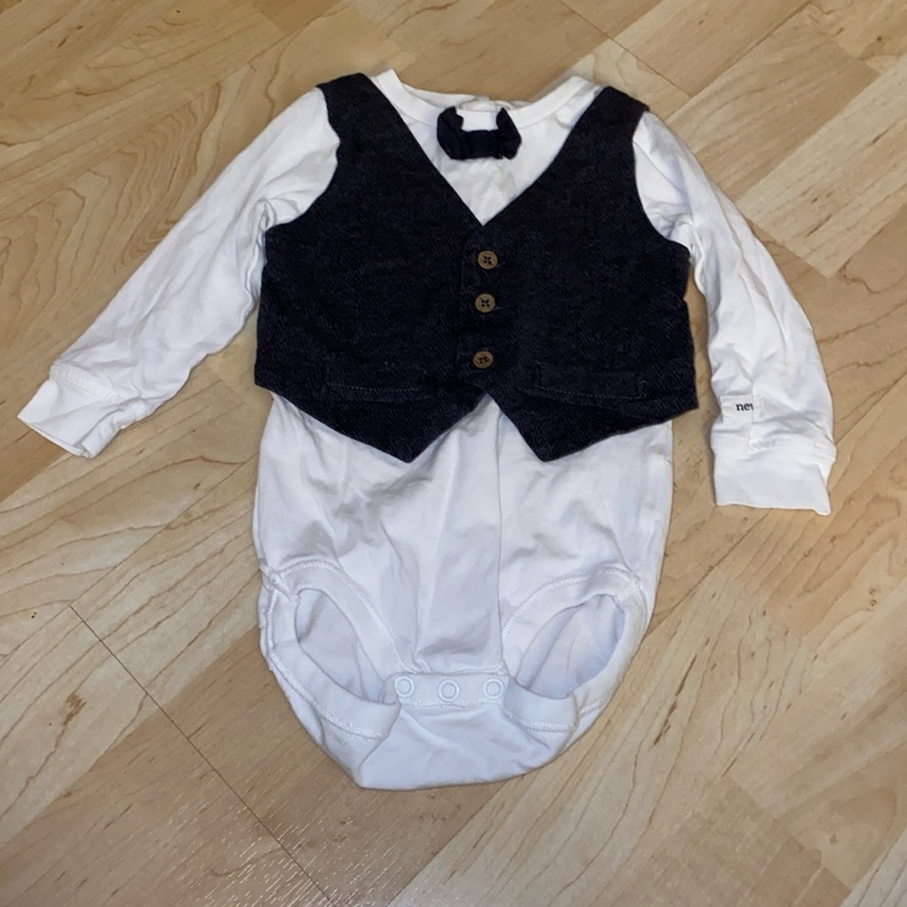 Newbie long sleeve onesie with dark grey vest and bow tie, 6-9 months